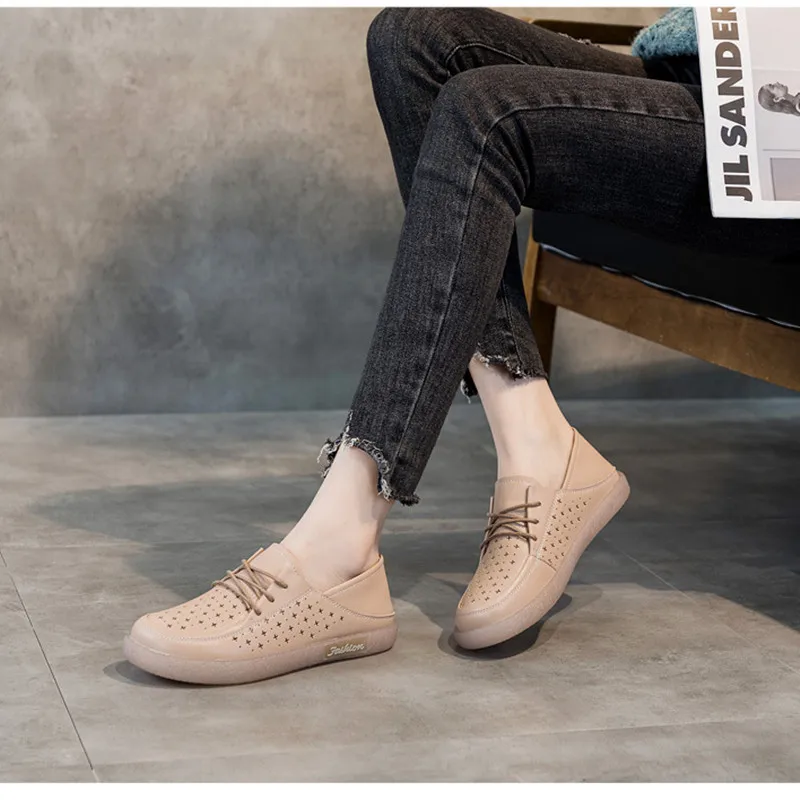 Flat Shoes Women's Genuine Leather Small White Shoes 2023 New Breathable Openwork Loafers Comfortable Nurse Shoes Single Shoes