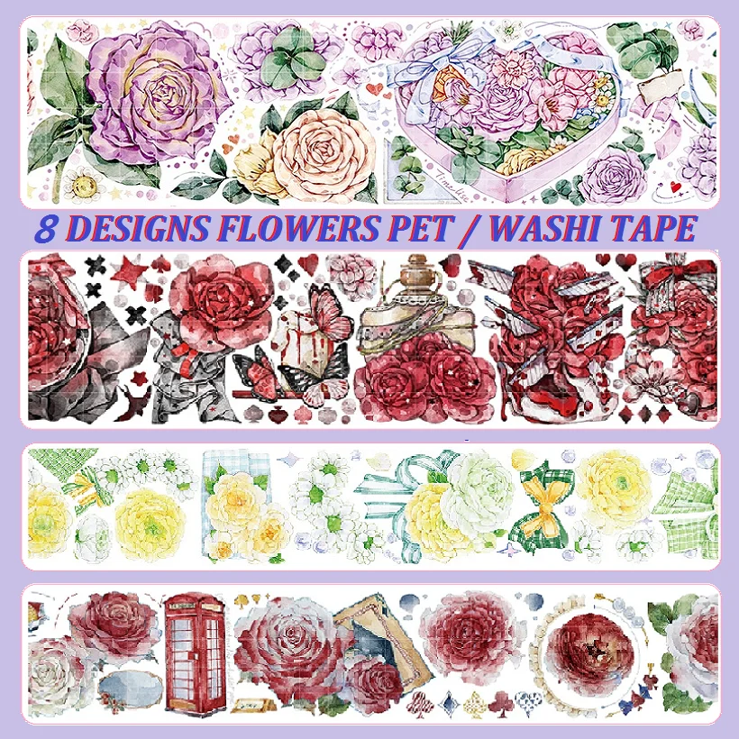 1m/3m/5m PET Washi Tape Rose Flowers Planner Japanese Decor Adhesive DIY Masking Paper Stickers Diary Scrapbooking Vintage Gifts
