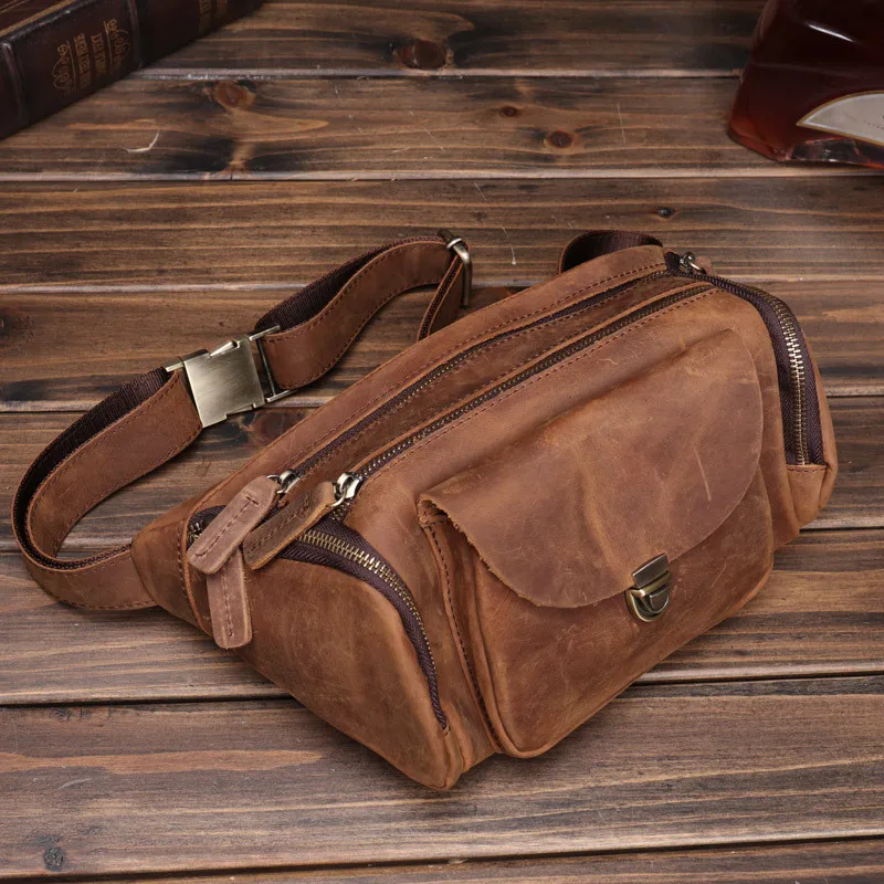 Retro fashion designer natural crazy horse cowhide men's diagonal bag summer outdoor sports youth genuine leather chest bag