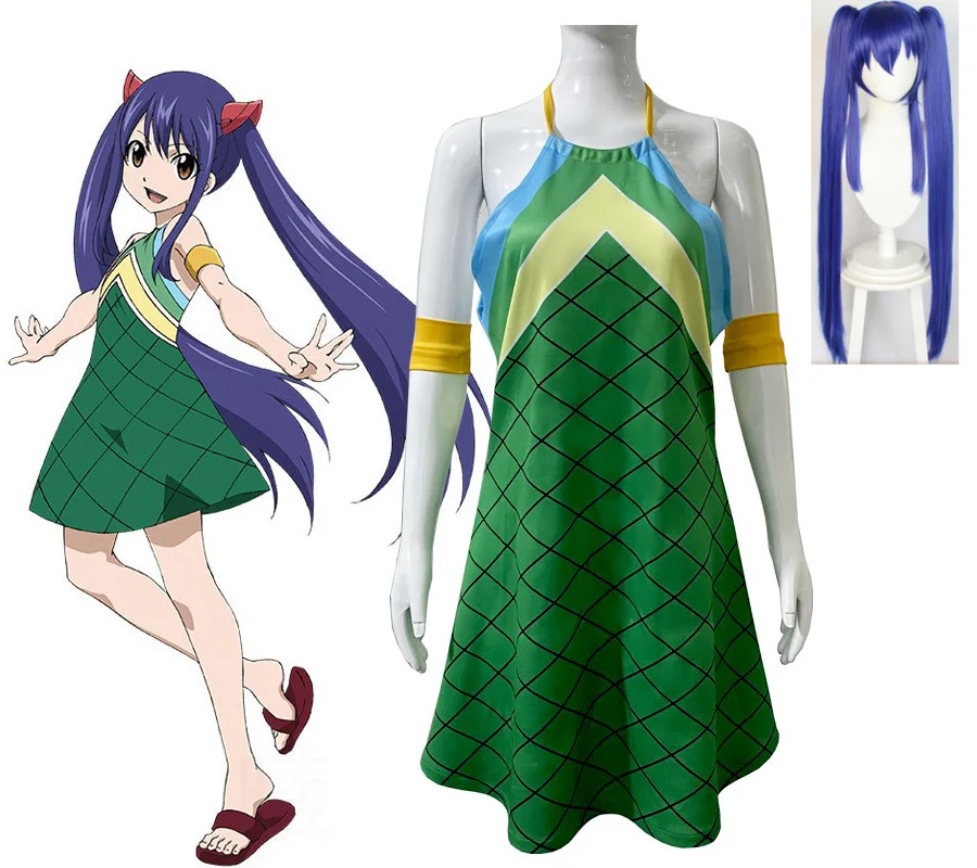 

Anime Role Wendy Marvell Cosplay Costume With Blue Tail Tattoo Halloween Party Green Dragonscale Dress For Latin Dance