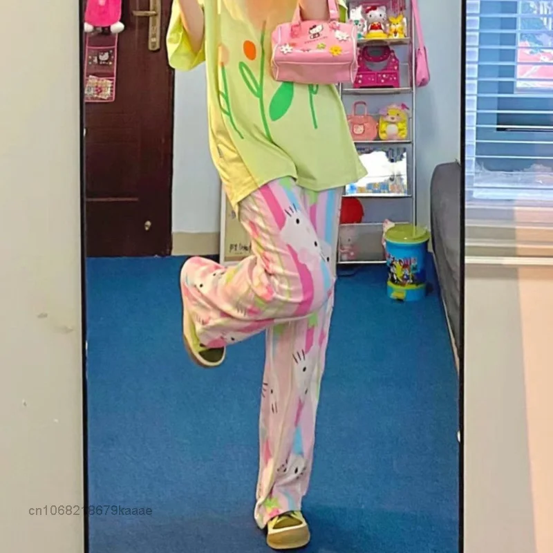 Sanrio Hello Kitty Summer Clothes Female Harajuku Kawaii Pajama Pants Women Casual Wide Leg Pants Y2k Soft Thin Fashion Trousers