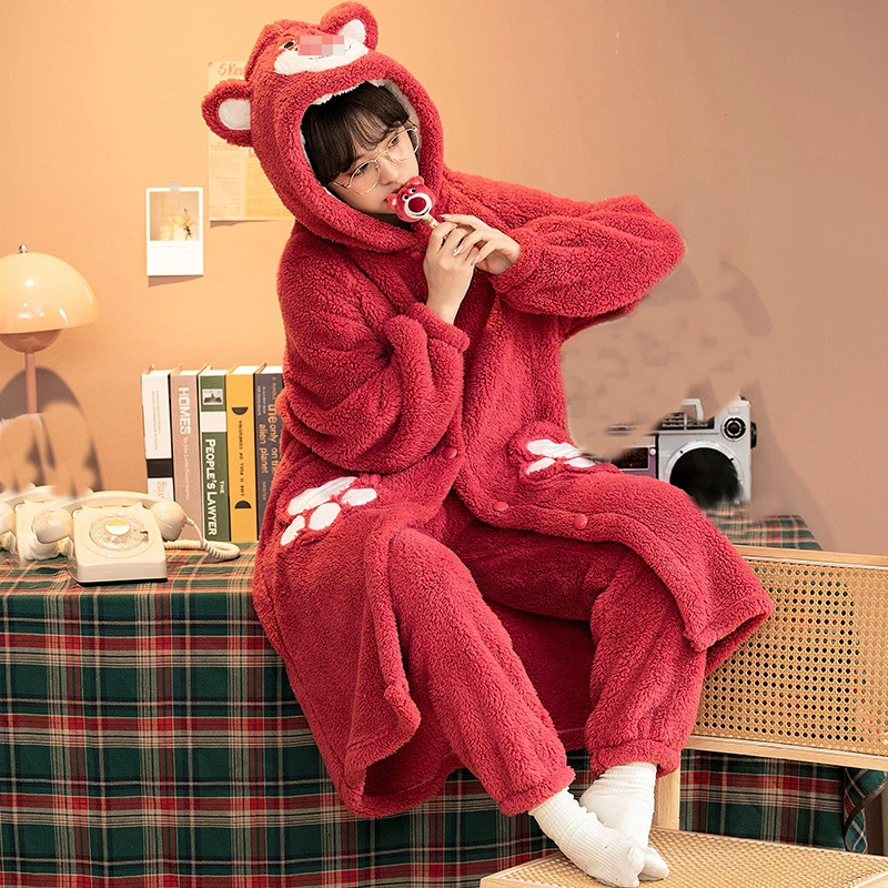 Winter Thick Hooded Flannel Animal Pajamas Sets Women Loose Long Sleeve Nightgown With Pants Cosplay Bear Cartoon Warm Nightwear