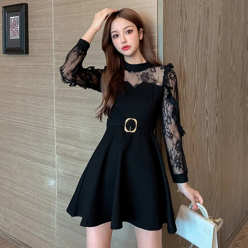 

WEIHAOBANG 2022 Spring Autumn Women New Solid Color Medium Long Skirt Round Neck Splicing Long Sleeve High Waist Slim Dress