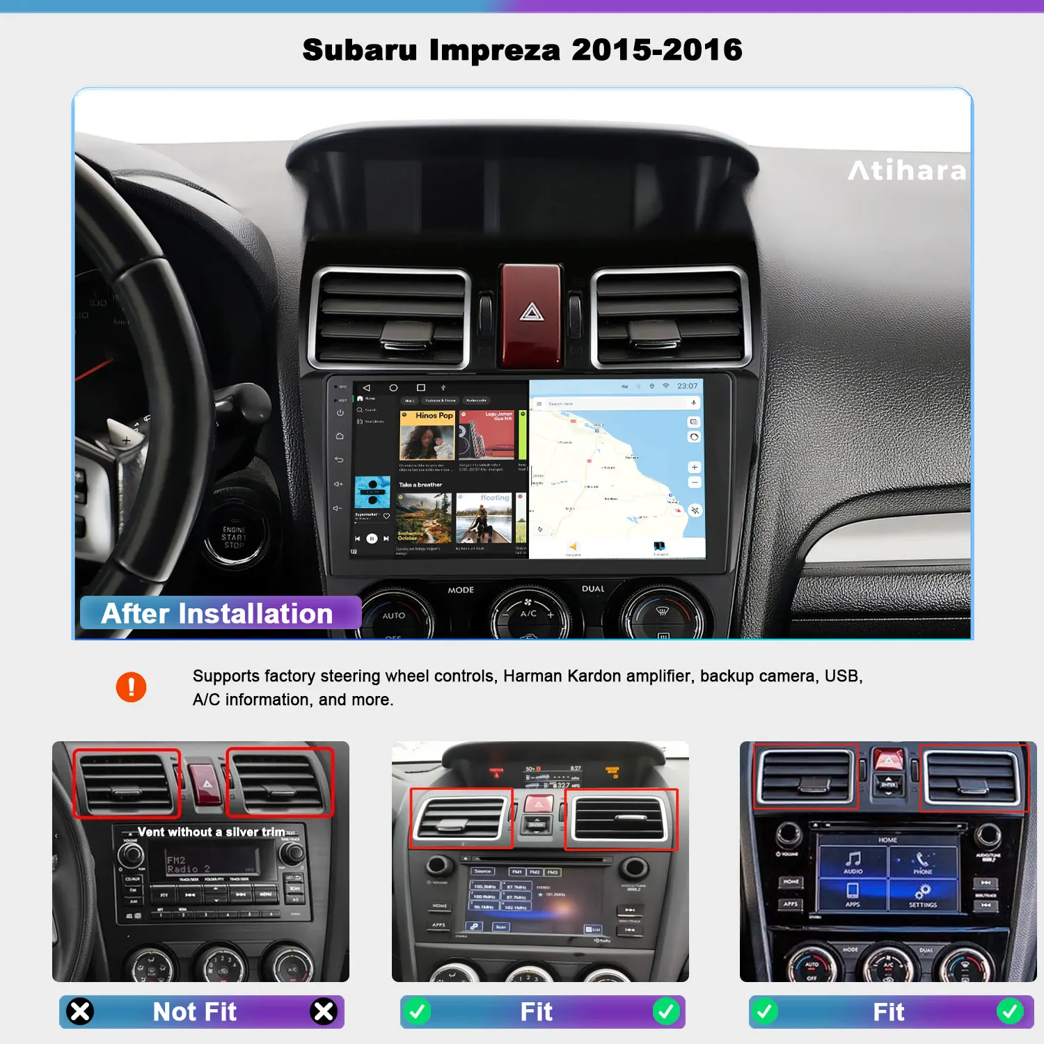 Atihara 9-дюймовый автомобильный радиоприемник Carplay Android Auto для Subaru Impreza 2015-2016 WIFI + 4G AM/FM