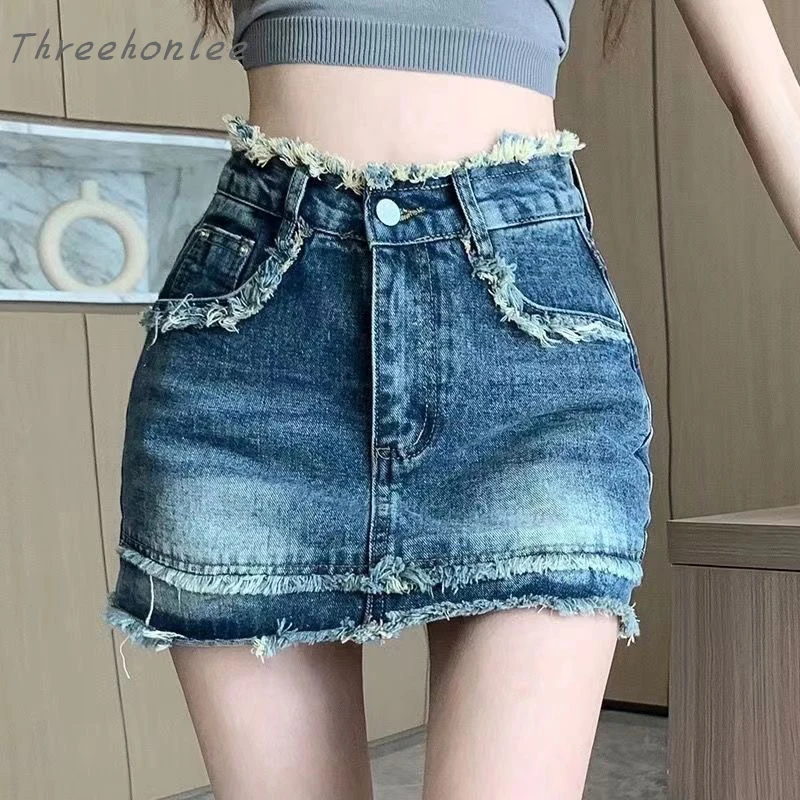 

Летняя винтажная трапециевидная джинсовая короткая юбка с необработанными краями, привлекательная дизайнерская короткая юбка с бахромой и высокой талией для девушек, нескользящая подкладка