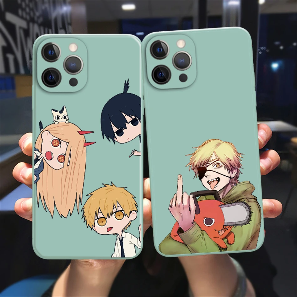 

Cute Cartoon Chainsaw Man Pattern Phone Case For iPhone 13 12 11 Pro Max Xs Xr 8 7 Plus 13 Mini cyan Liquid Silicone Soft Cover
