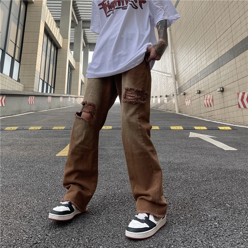 Men's Jeans Ripped Retro Straight Loose Women's Denim Trousers Fashion Streetwear Men Clothing Jeans Men Y2k Street Men Clothing