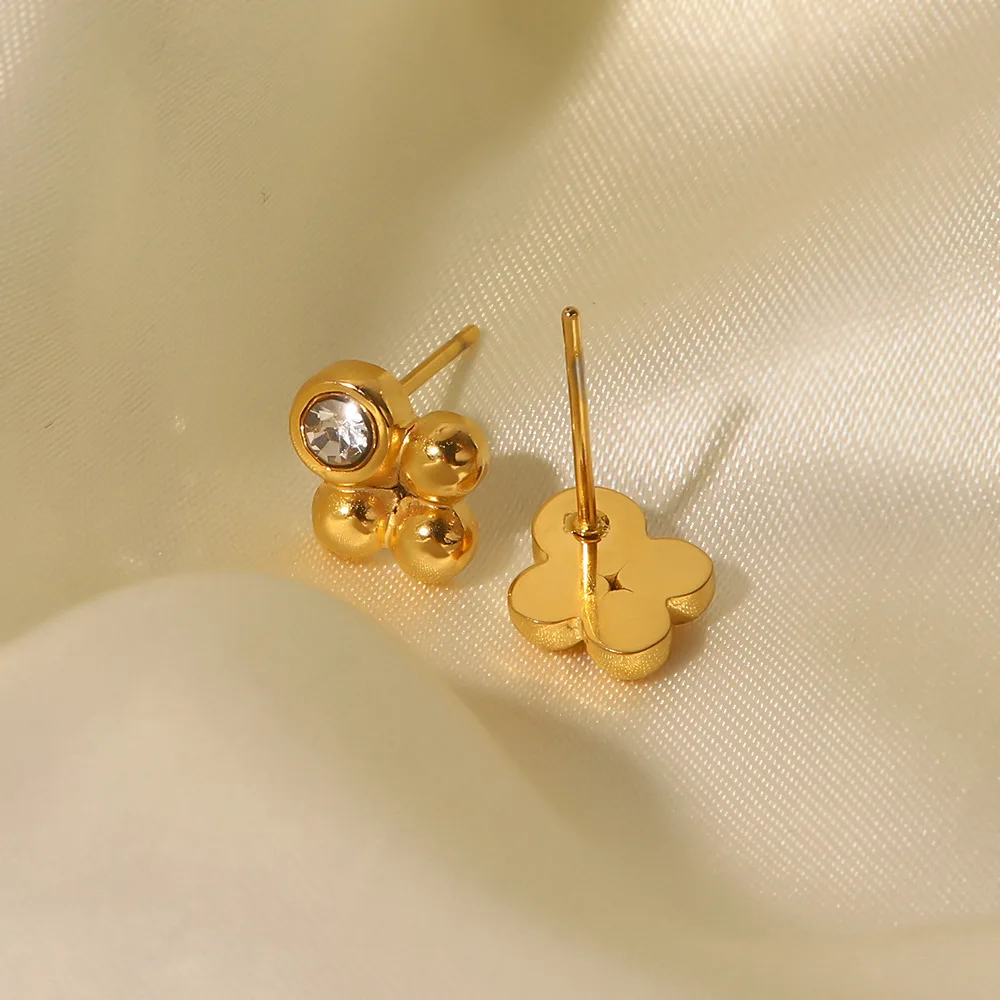 Stainless Steel PVD 18K Gold Plated Tarnish Waterproof Rinestoned Flower Stud Earrings For Woman Jewelry Wholesale Trendy