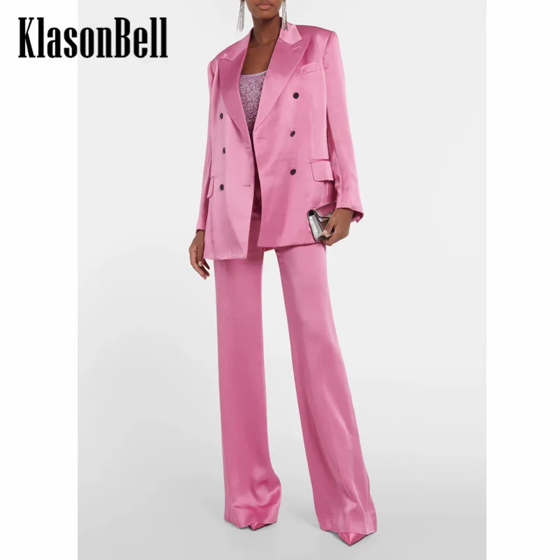 

4.10 KlasonBell Temperament Double Breasted Shoulder Pads Long Sleeve Acetate Blazer Or High Waist Wide Leg Pants Set Women