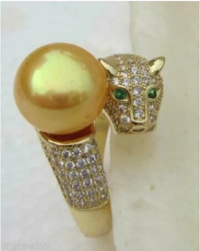 

Потрясающий натуральный Круглый AAA 9-10 мм желтый жемчуг южного моря кольцо Леопард