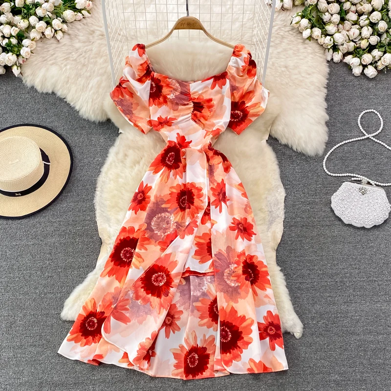 

Korean Chic Retro Square Collar Dress Floral Puff Sleeve Mid-length Slit Dresses Beach Vestidos Women Clothes Dropshipping