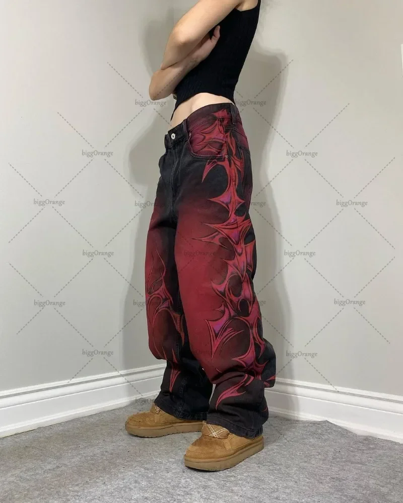 Y2K Свободные джинсы в готическом стиле панк с принтом Уличная одежда Прямые брюки