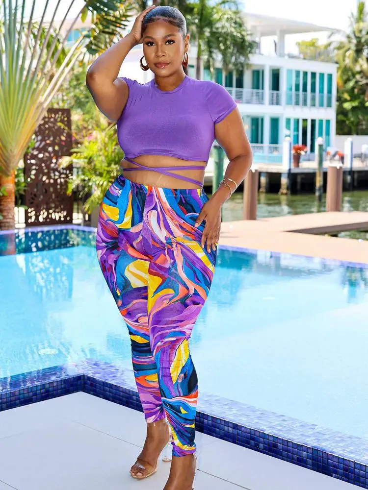 

ZOOEFFBB Two Pieces Set Tracksuit Women Summer Clothes Club Outfits Bandage Crop Top Print Leggings Sweat Suits Matching Sets