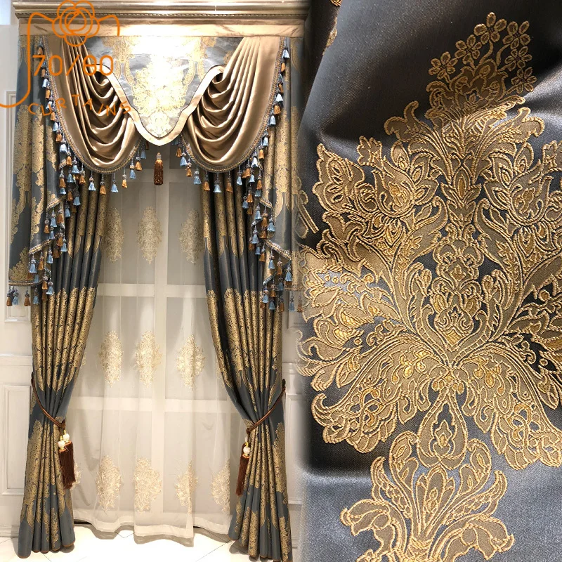 European-style Luxury Palace Gold Imitation Silk Jacquard Blackout Curtains for Living Room and Bedroom Finished Products