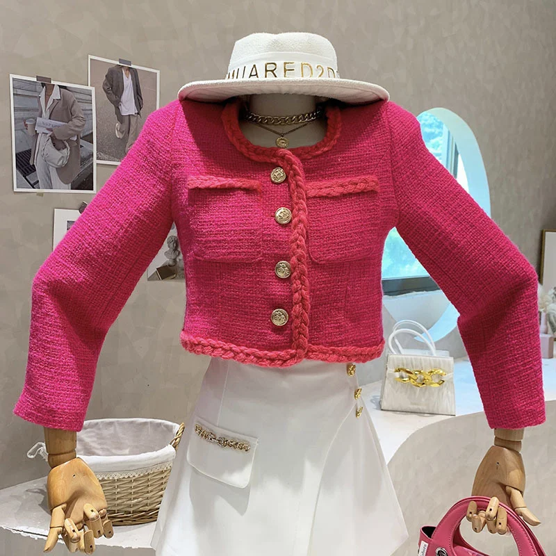 

2023 Spring Women's Elegant Tweed Coats For Women O Neck Long Sleeve Pink Autumn Woven Jacket Female Fashion New Outwear