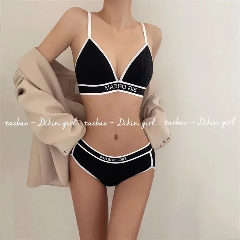 

Sporty Style Classic Letter Bra Set Small Chest Push-up Triangle Cup No-mark No-steel Ring Girls' Bra Underwear