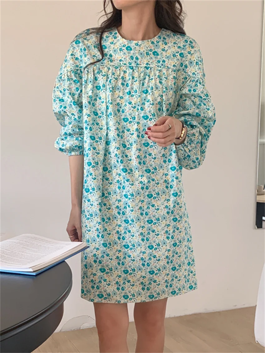 

Blue Vintage Full Sleeves Mini Dress Women Stylish All Match 2022 Oversize Hot Spring Casual Sweet Prom Streetwear