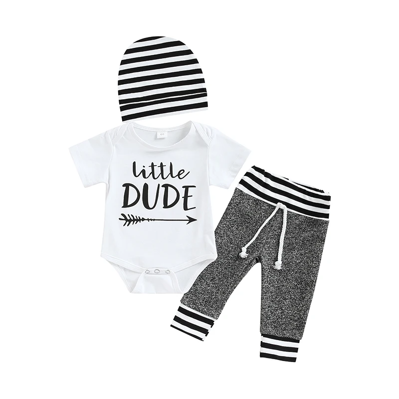 

2022 Newborn Baby Set Lettering Suit Romper Elastic Waist Stripe Patchwork Pants Matching Hat Outfits Clothing