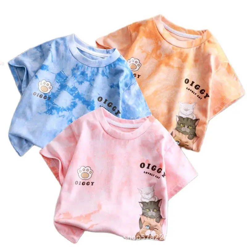 

Summer Fashion Girls T Shirt Tie-dyed Style Cat Kids Casual T-shirt Boy Girl Unisex Clothes Short Sleeve Tshirt Tops
