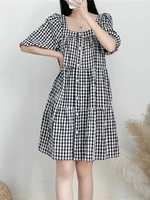 women black white plaid cotton dresses french style checked pattern square collar one piece holiday cozy robe 2022 spring summer