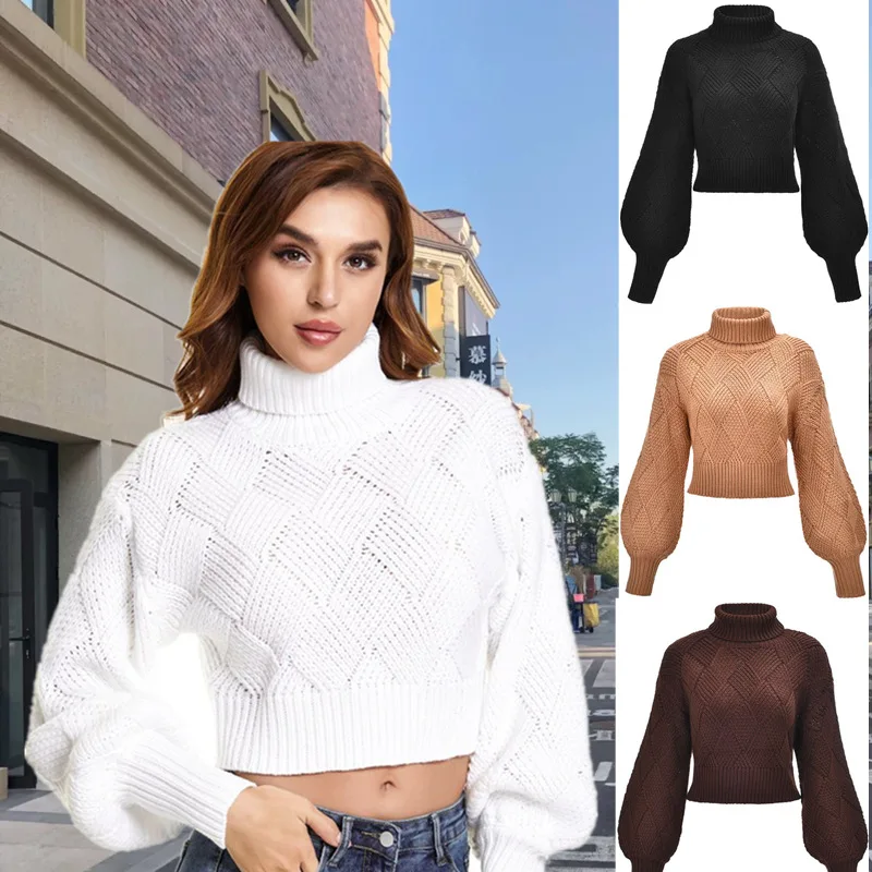 

New Women's High Neck Short Long Sleeve Knitted Sweater Pullover