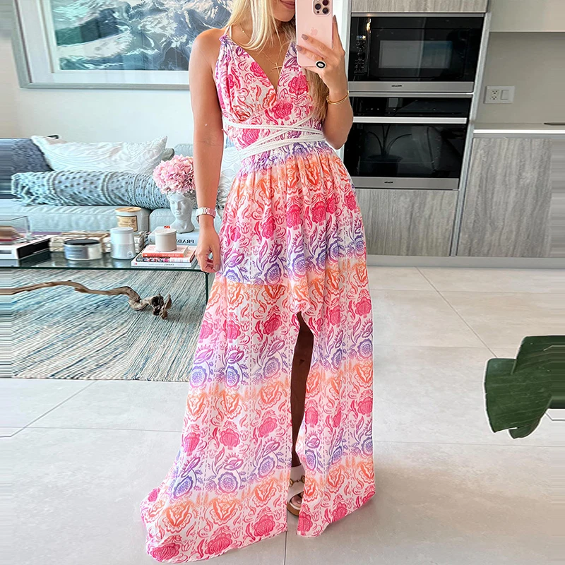 

Sexy Boho Holiday Beach Dress Casual Floral Printed Halter Deep-V Maxi Dress Women Fashion Lace-Up Backless Slim Slit Long Dress