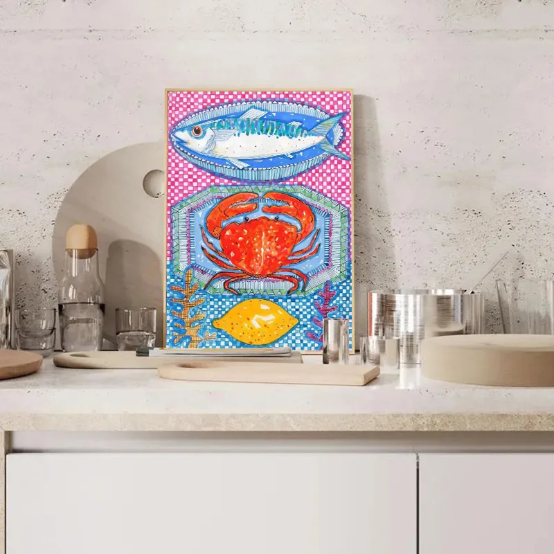 Красочные сардины Лобстер рыба вкусная еда настенный постер в стиле ретро