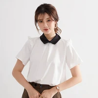pleated plain standard womens blouse korean shirt womens 2022 summer new tone collar short sleeve shoulder frill retro top