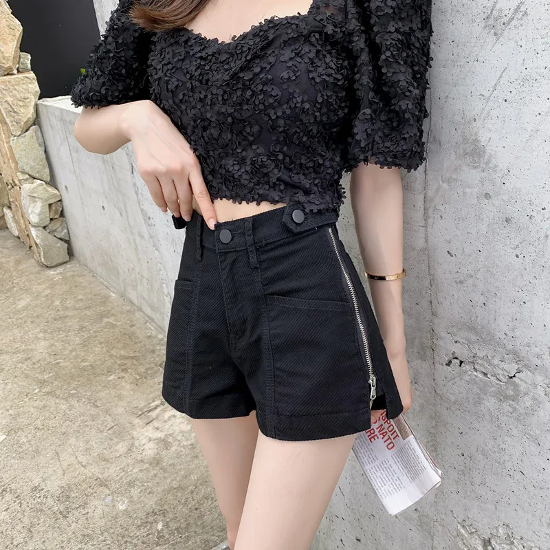 Summer Chic Side Zipper Shorts Women Slim Jeans Loose High Waist Short Streetwear Denim Wide Leg Pants Fashion Womens Clothing