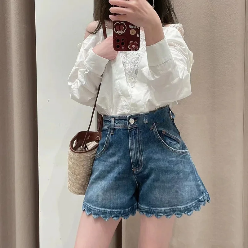 Pure Cotton High Waist Straight Shorts 2022 Autumn New Solid Color All-match Wavy Edge Denim Shorts Women's High Quality