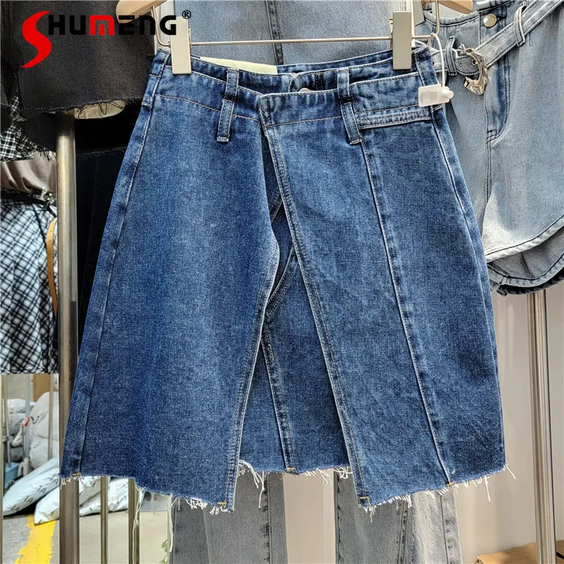

2022 Summer New Korean Style Raw Edge Denim Skirt for Women Fake Two Pieces Mini Skirts High Waist Slimming Short A- Line Skirt