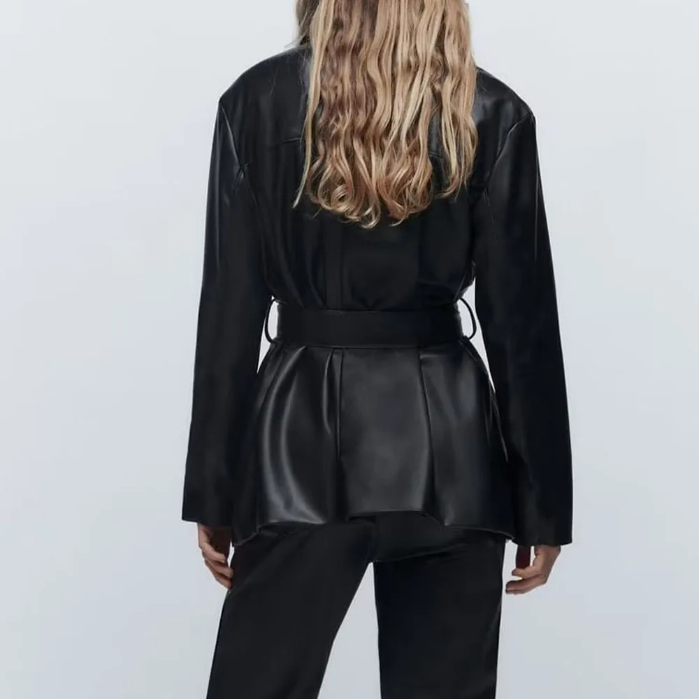 Autumn new fashion women's handsome versatile black lapel long sleeve with belt imitation leather shirt jacket