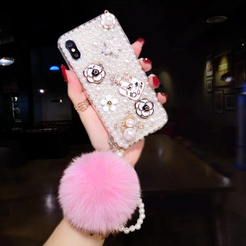 

For Xiaomi Redmi 8 9 8A 9A 9C 10X Note 8 9 10 Pro Luxury Glitter Bling Rhinestone Diamond Pearl With Hairball Phone Case Cover