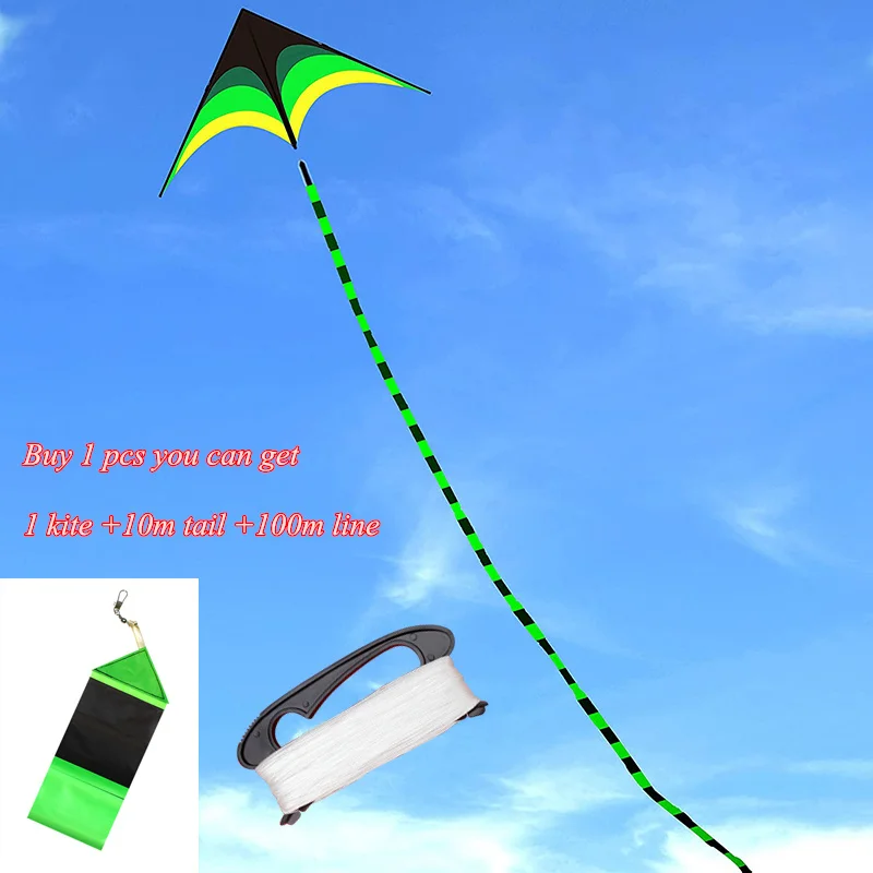 

Outdoor Fun Sports New Arrive 1.6m Green Triangle Kites With 10m Tail / Handle & Line Good Flying