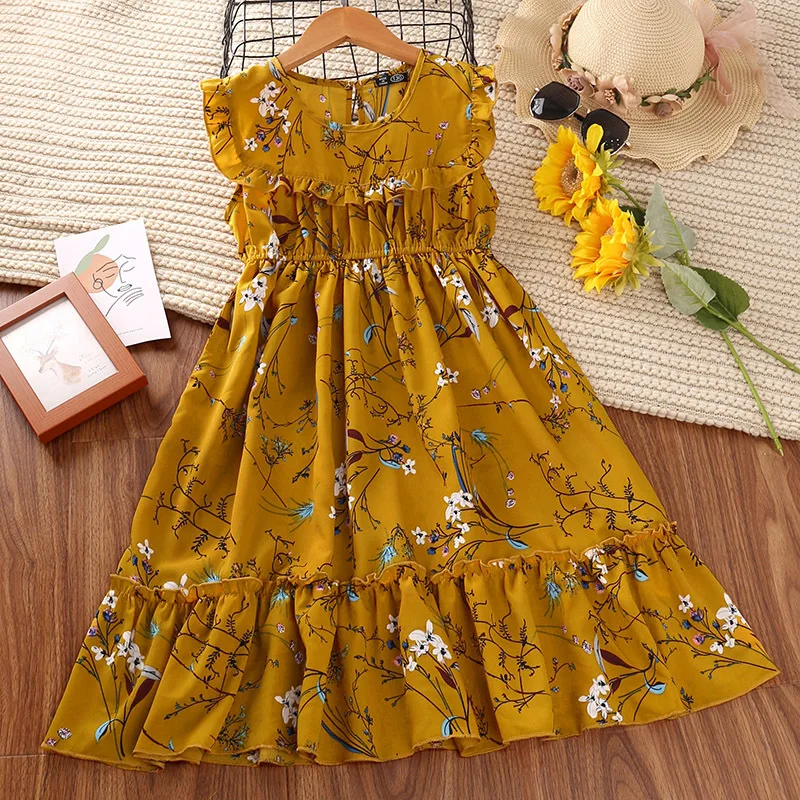 

Girls Summer Korean Style Sleeveless Vintage Print Princess Dress Flower Girl Dresses Kids Dresses for Girls