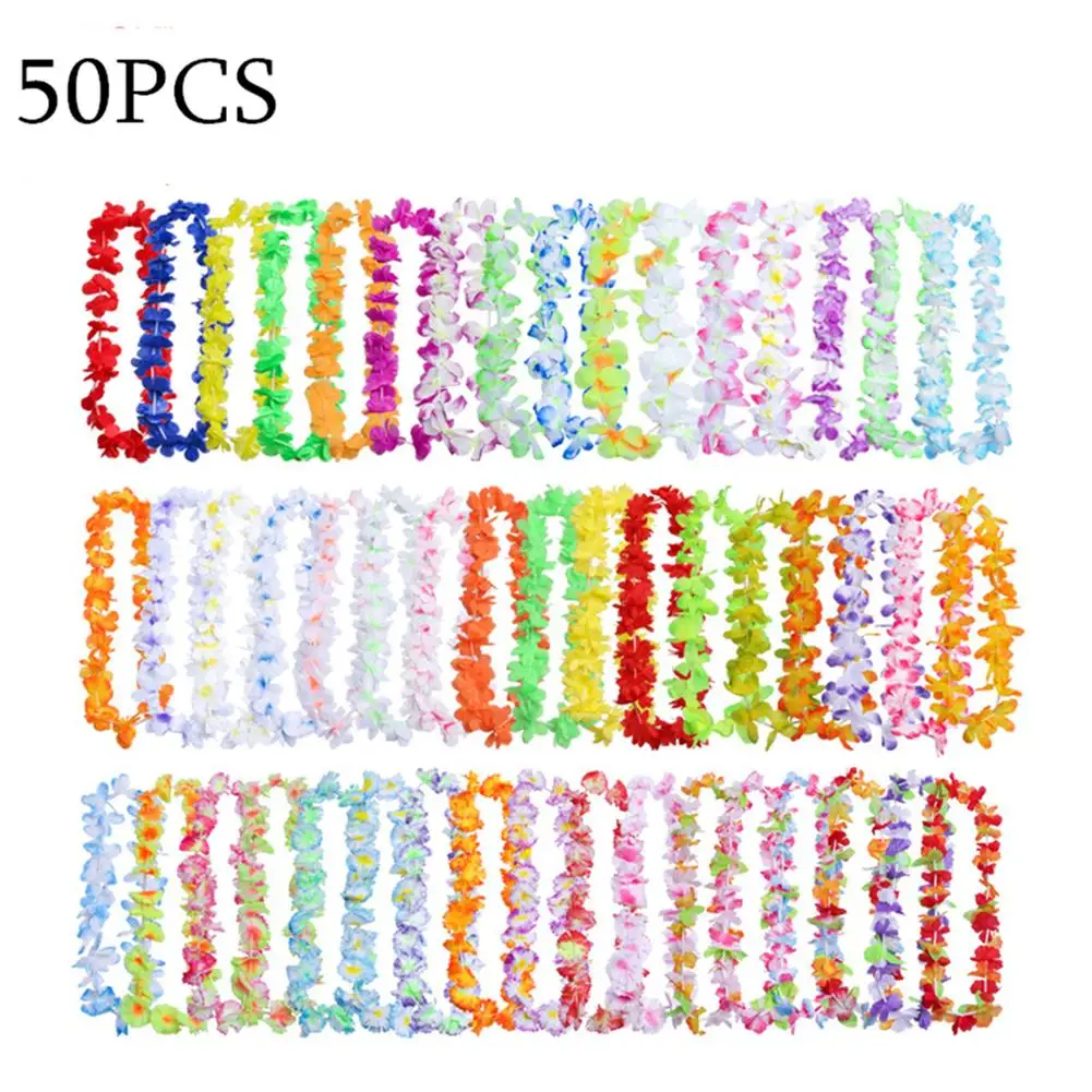 

50pcs Hawaiian Garland Hawaiian Leis Multi-color Artificial Necklace Hawaiian Party Decoration For Birthday Wreath Pool Party