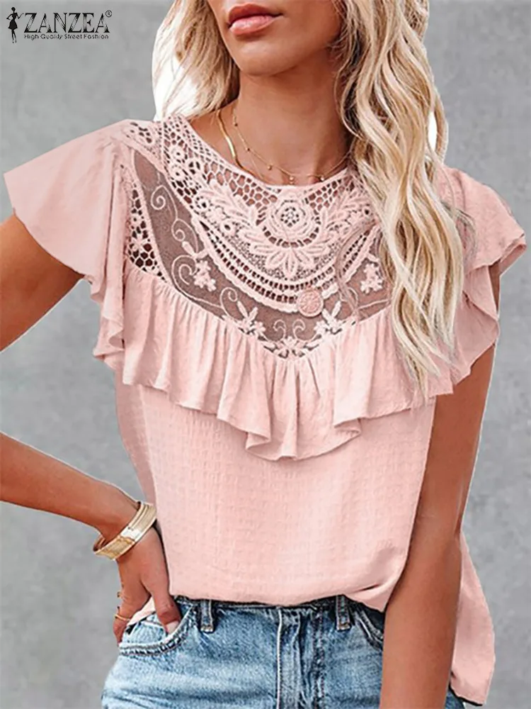 

Модная женская кружевная вязаная крючком блузка, летние топы без рукавов с оборками на подоле ZANZEA, элегантные праздвечерние чные блузы, одн...