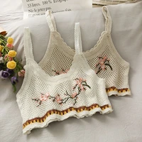 oumea women summer knitting cotton crochet crop tops french style floral embroidery retro camis patchwork casual cute tops
