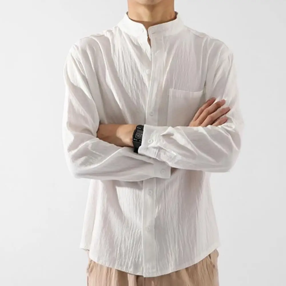 

Men Linen Long Sleeve T-Shirts Casual Cotton Linen Shirt Loose Buttoned Stand Collar Shirts Solid Color Men's Shirts