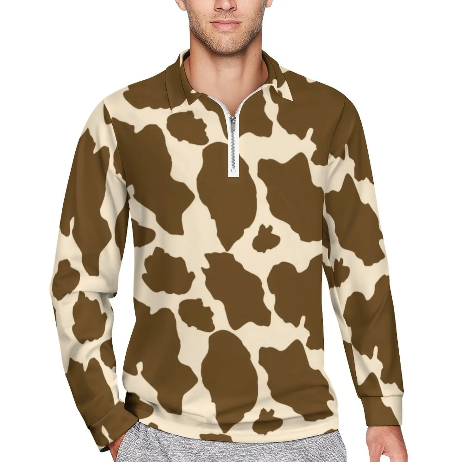 

Farm Animals Polo Shirts Daily Brown Spots Cow Print Zipper Casual Shirt Long Sleeve Collar Streetwear Graphic Oversize T-Shirts