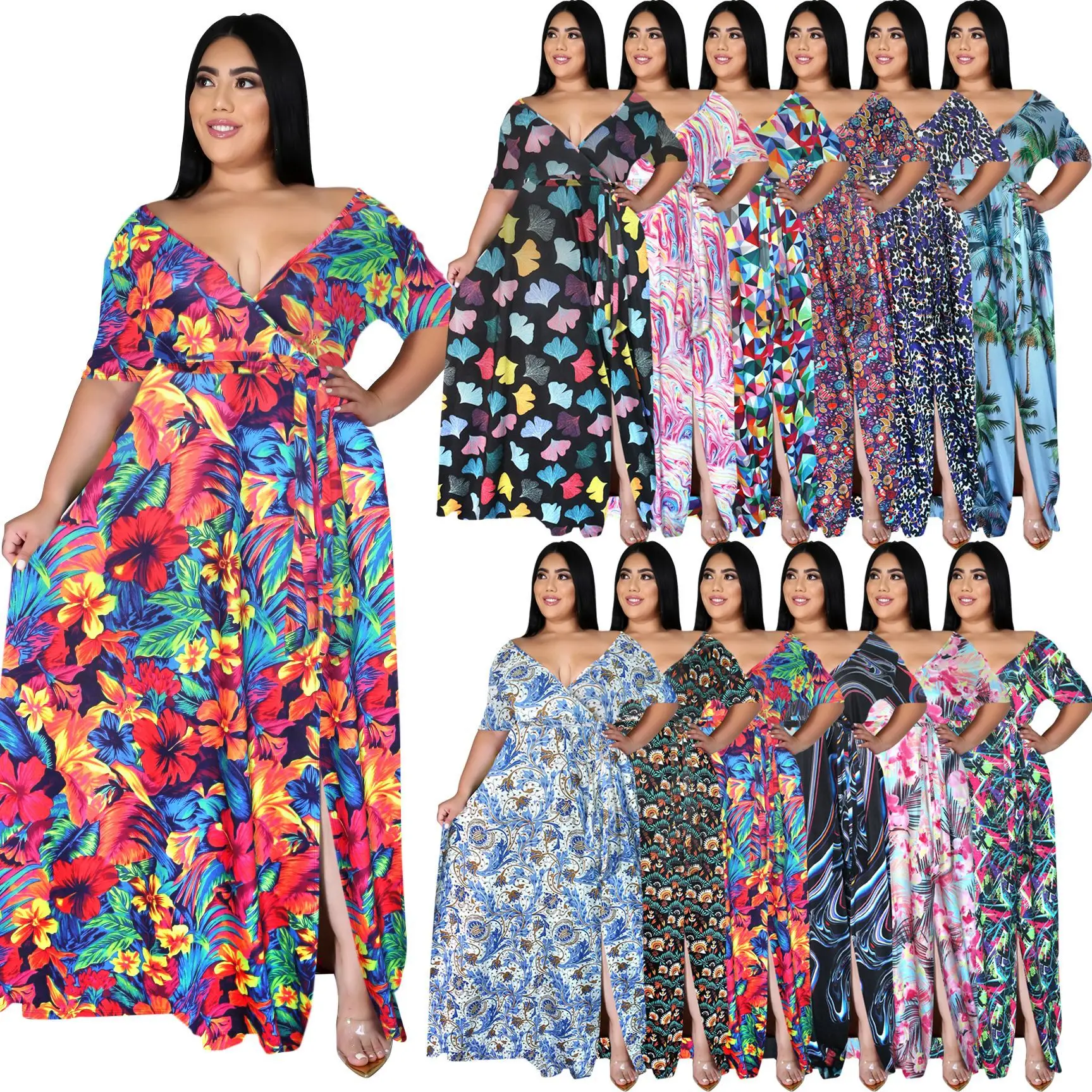 

Sexy V-Neck Split Short Sleeve Dress for Womens Bohemian Beach Print Swing Dress Casual Ladies Maxi Dresses Plus Size 5XL