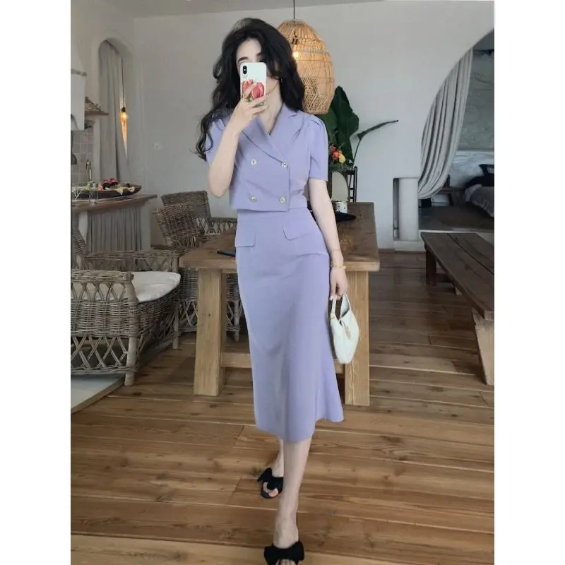 

Korea Summer Elagant Office Lady Suit Fashion Women Short Sleeve Crop Top +Trumpet Mid-length Skirt Two-Piece Suit Chic Outfit