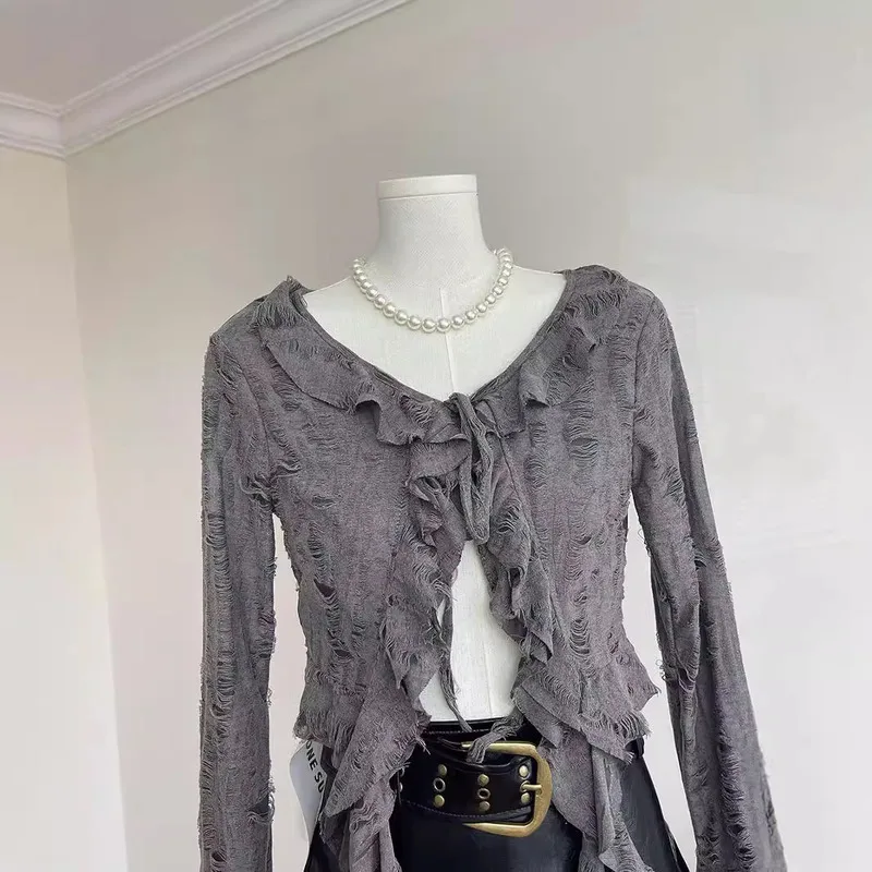Новая винтажная ажурная блузка с длинными рукавами и рюшами облегающая узкая