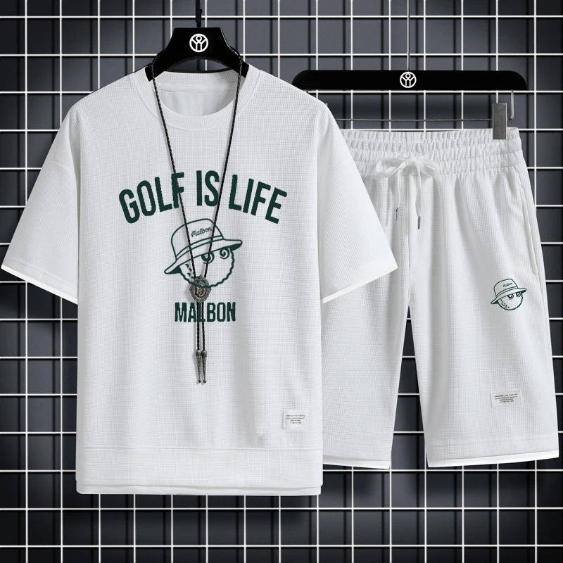 2023 Men's High Quality Malbon Two Piece Casual T-shirt and Shorts Set Men's Sportswear Fashion Short Sleeve Sportswear Golf