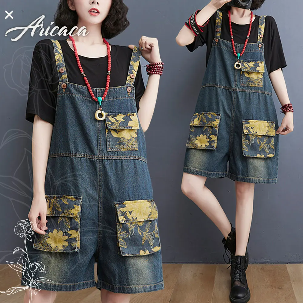 

Aricaca Women Summer short Playsuit Overalls M-2XL Denim Rompers Female Casual Spliced Loose Jumpsuits