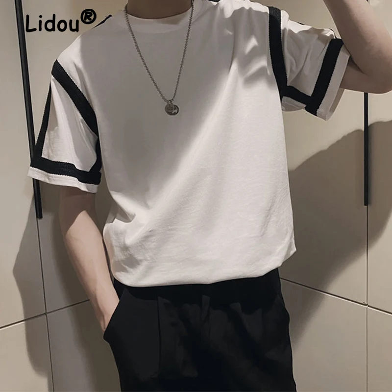

Casual Handsome Color Matching Man Top 2022 New Summer Short Sleeve Fashion Slim Round Neck Simple Youth All-match T-shirt