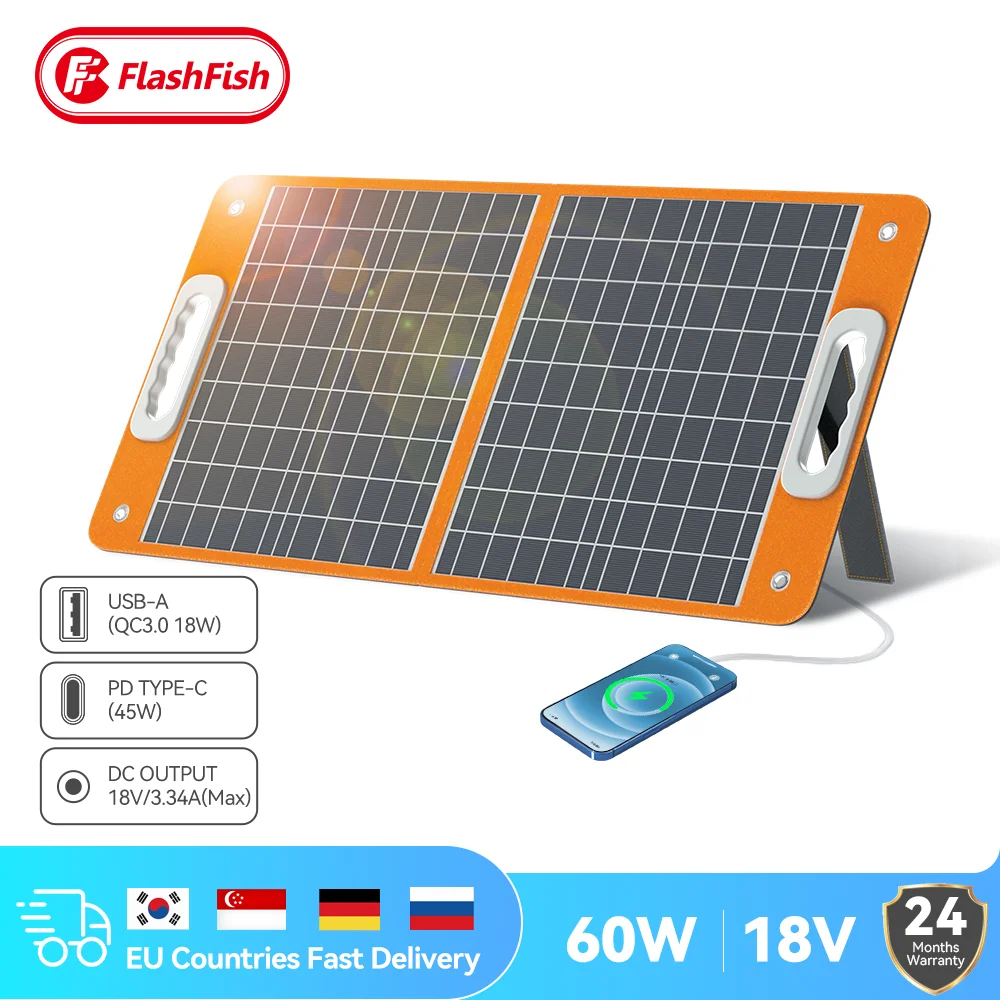 Portable Solar Panel 60W 18V Solar Charger Foldable with DC Output PD Type-c/QC3.0 For Solar Generator Phones Tablets