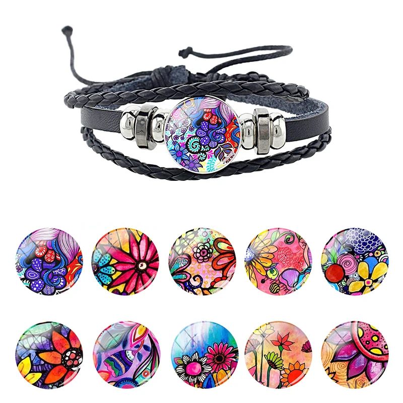 

JOINBEAUTY PU Punk Leather Bracelet Flower Beautiful Image 18MM Glass Cabochon Dome Charm Multilayer Weave Cord Jewelry FHW761