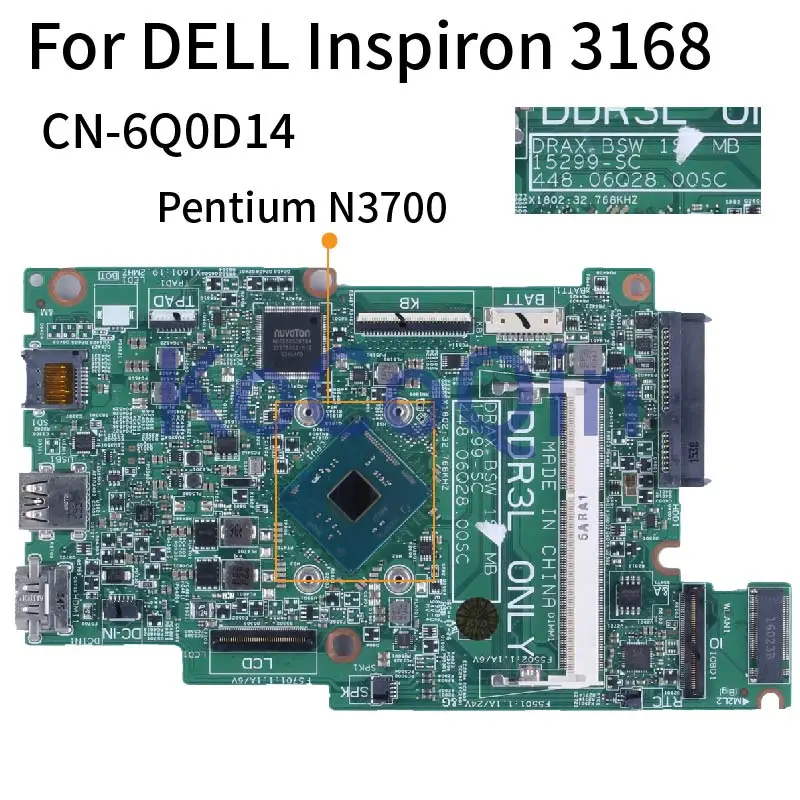 para Dell Inspiron 3168 Pentium N3700 2.40 Ghz Computador Portátil Mainboard Cn6q0d14 15299-sc Sr29e Ddr3