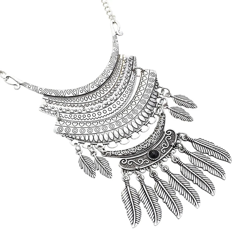 

Stone Women Necklaces Vintage Carved Alloy Leaves Tassels Pendant Necklaces Bohemian Ethnic Chains Necklaces Feminina
